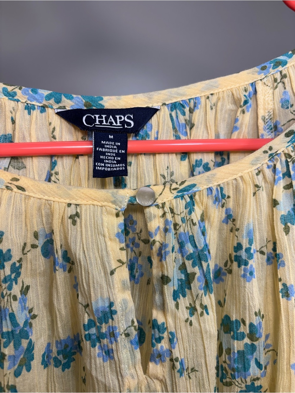 Chaps Yellow Floral Peasant Blouse with Blue Accents